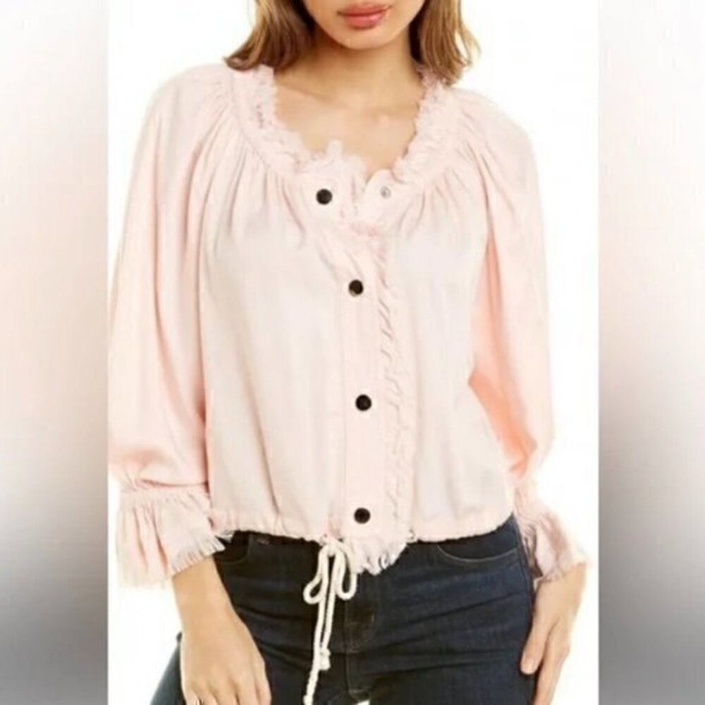 Ramy Brook Gwen Fringe Trim Button Down Puff Sleeve Blouse Size S LIKE NEW